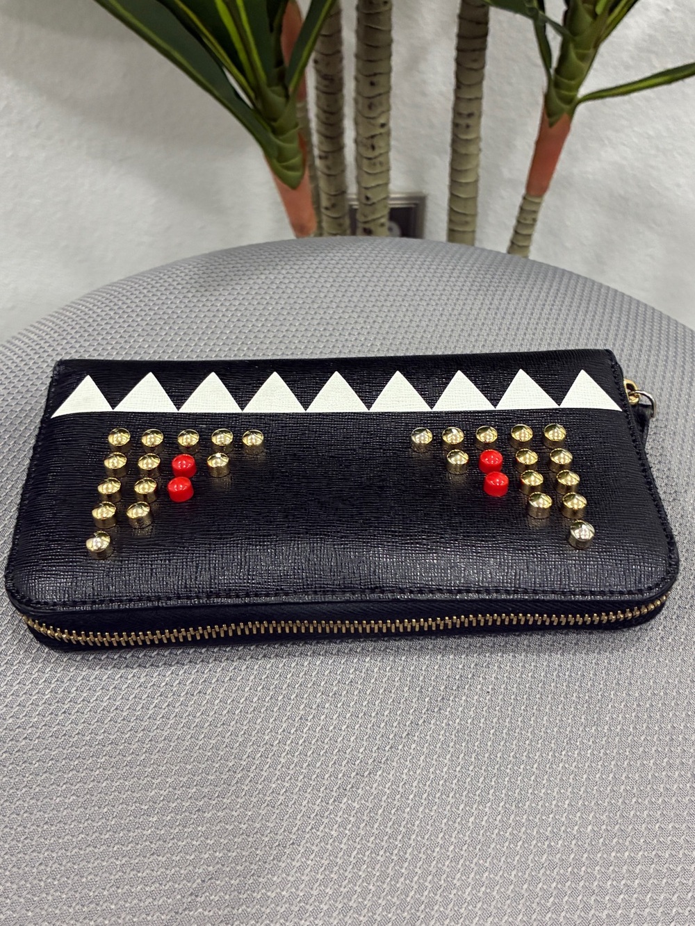 Authentic Fendi Monster Eyes Zip Around Wallet Black Leather Studded Continental